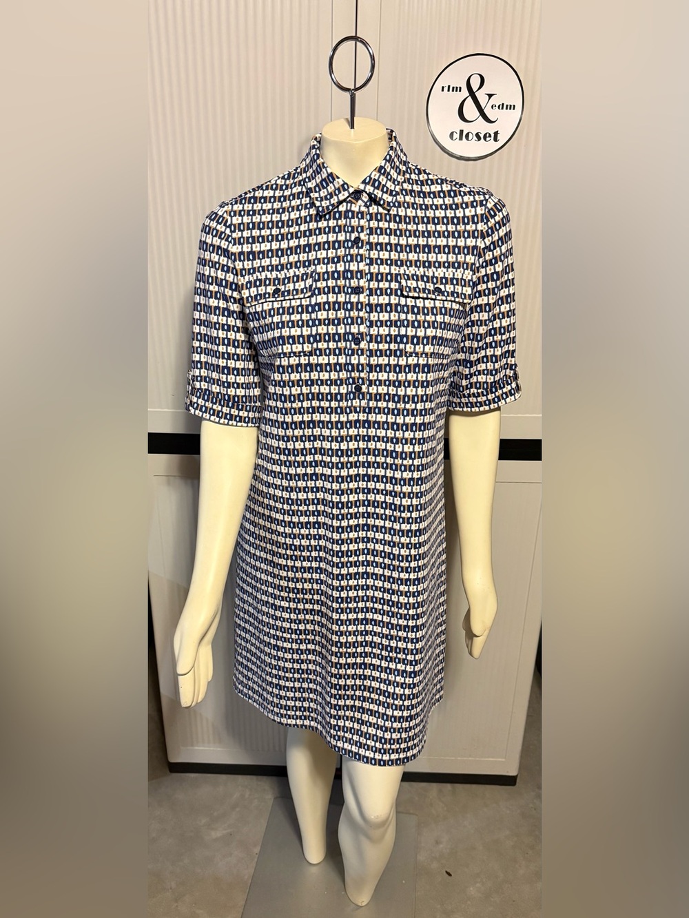 J McLaughlin Women's Blue, Taupe and Cream Patterned Shirt Dress